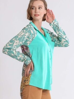 Umgee NWT Linen Blend Mixed Print Button Down Top Boho Collared Shirt